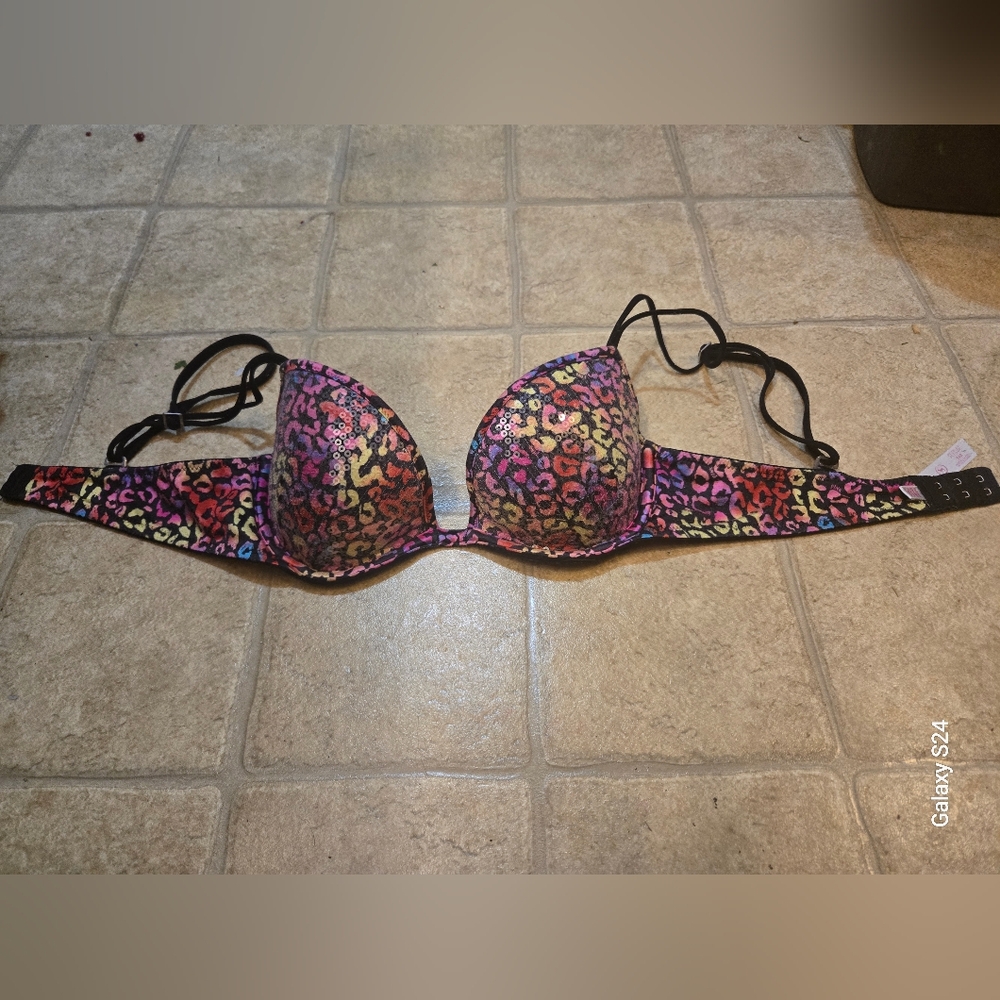 Pink Victoria Secret Push Up Bra Leopard Cheetah Sequin 34B